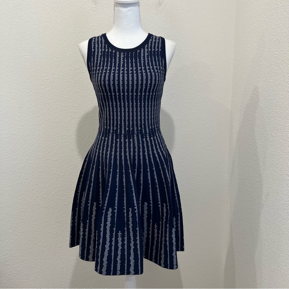MILLY New York Navy Blue White Ribbed Knit Fit & Flare Skater Dress Small